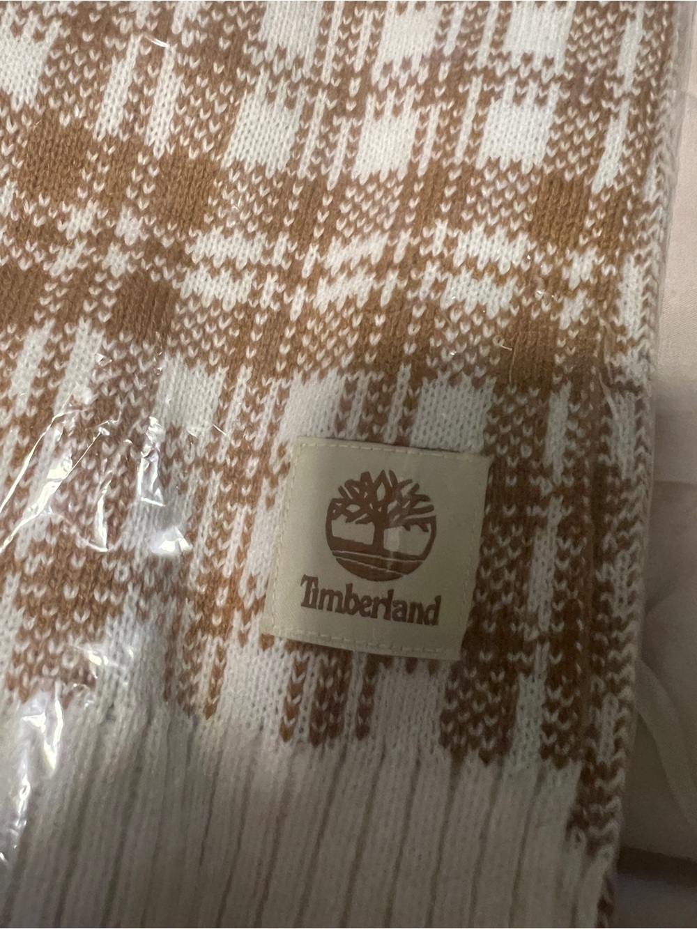 Timberland Cream and Tan Plaid Knit Scarf
